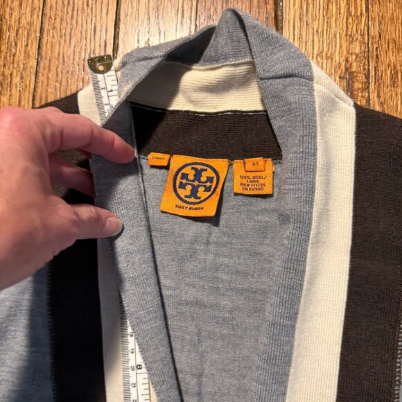 tory burch (very thom browne!) merino wool xs gray brown blokecore cardigan - Picture 2 of 7